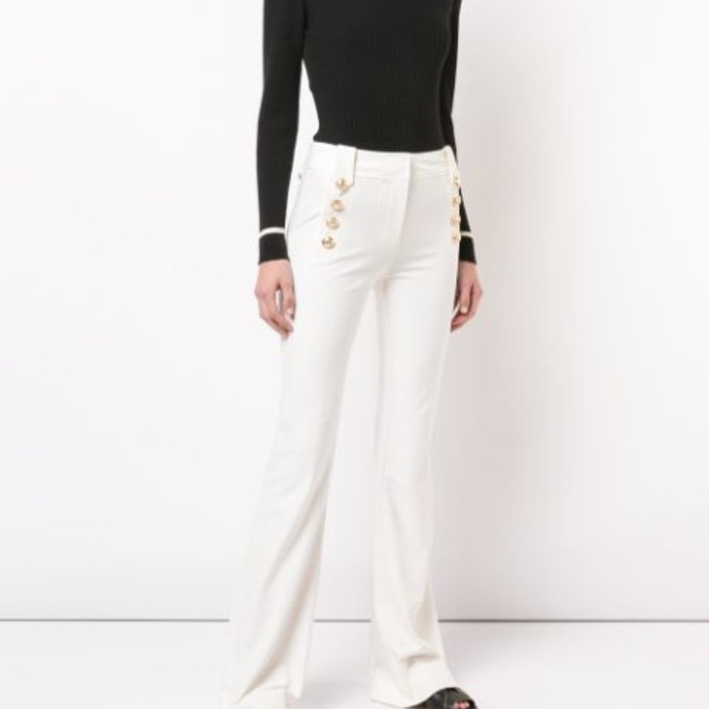 10 Crosby Derek Lam White High-Waist Flared Pants with Gold Buttons Size 18